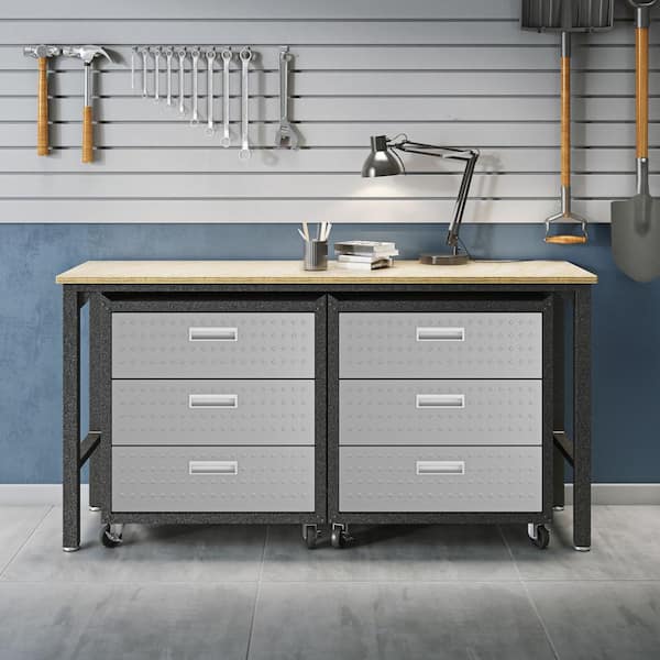Fortress 37.6 in. H x 72.4 in. W x 20.5 in. D Space-Saving Steel Garage Cabinet Chests and Worktable in Grey (3-Piece)