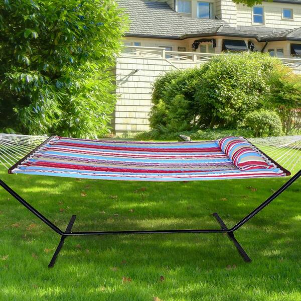 6.25 ft. Heavy-Duty Hammock Bed with Stand and Spreader Bars and Detachable Pillow in Blue and Red