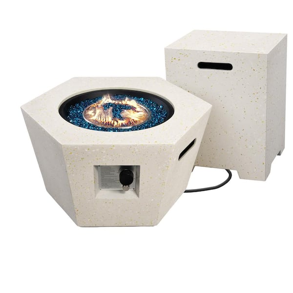 28 in. 40,000 BTU Beige Hexagon Geometric Terrazzo Outdoor Propane Gas Fire Pit Table with Propane Tank Cover