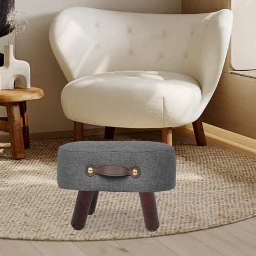 Footstool Ottoman with Handle Linen Curved Small Footstool Ottoman Footrest w...