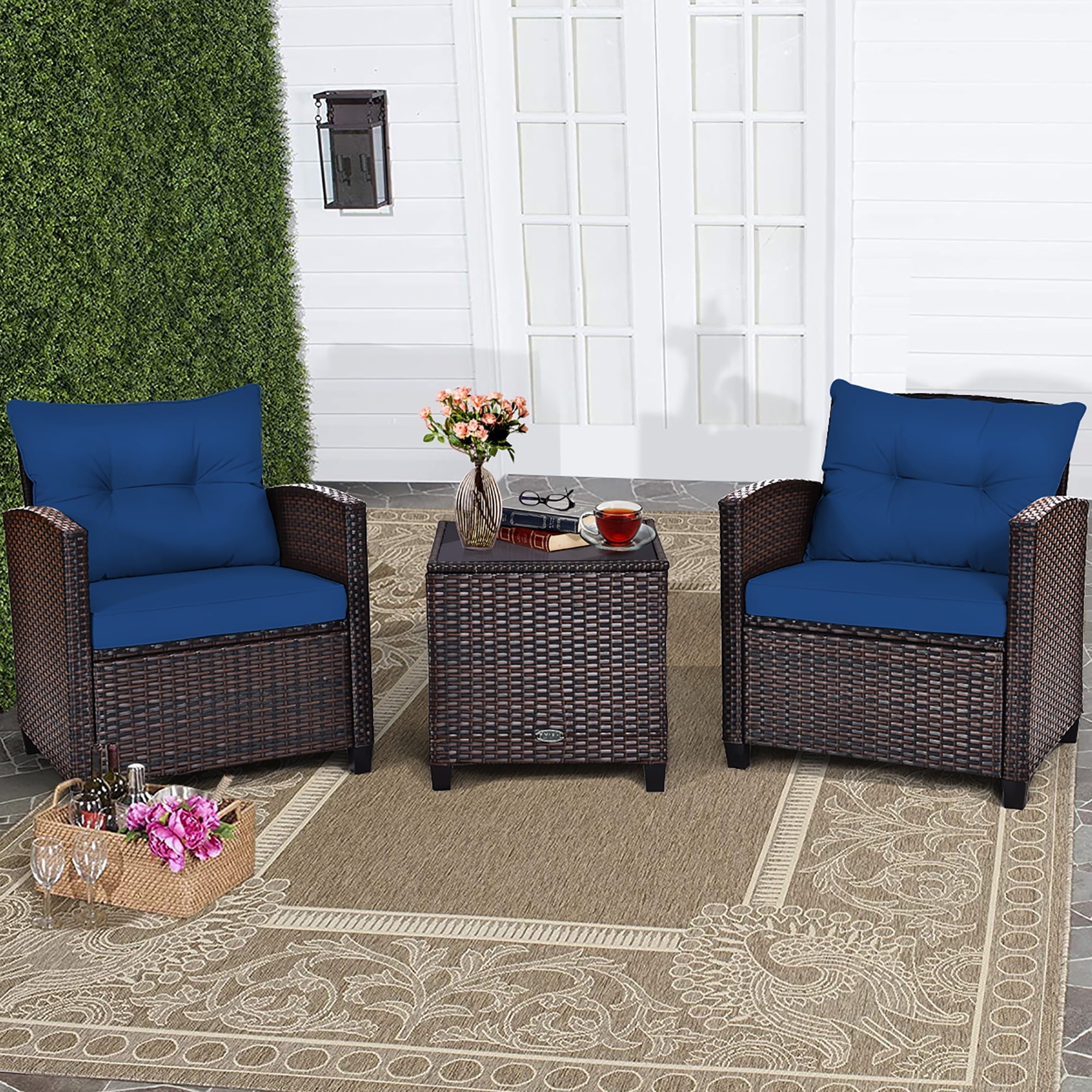 Costway 3PCS Patio Rattan Furniture Set Cushioned Conversation Set Sofa Turquoise