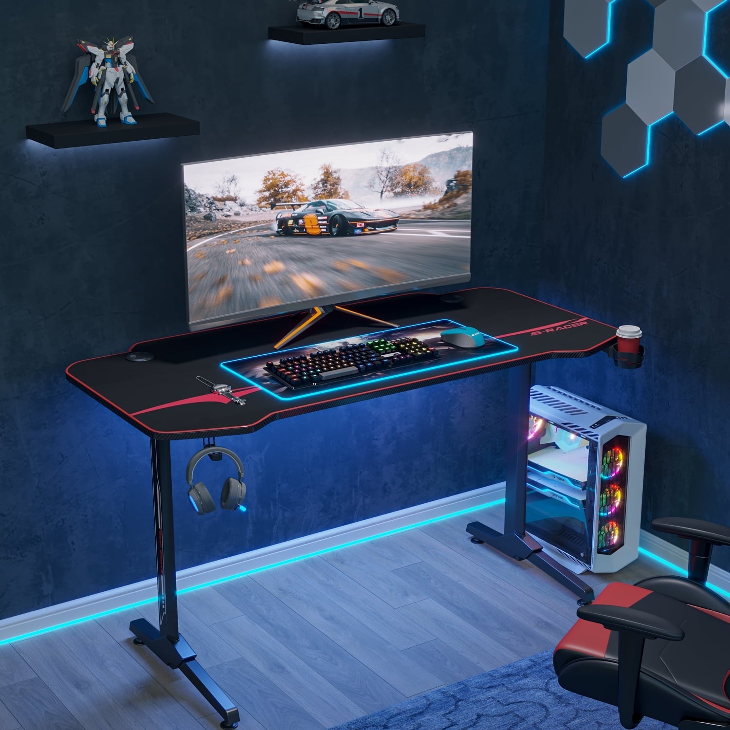 Homall 43 inch T-Shaped Legs Computer Gaming Desk Carbon Fiber Surface Gaming Desk with Cup Holder & Headphone Hook, Black