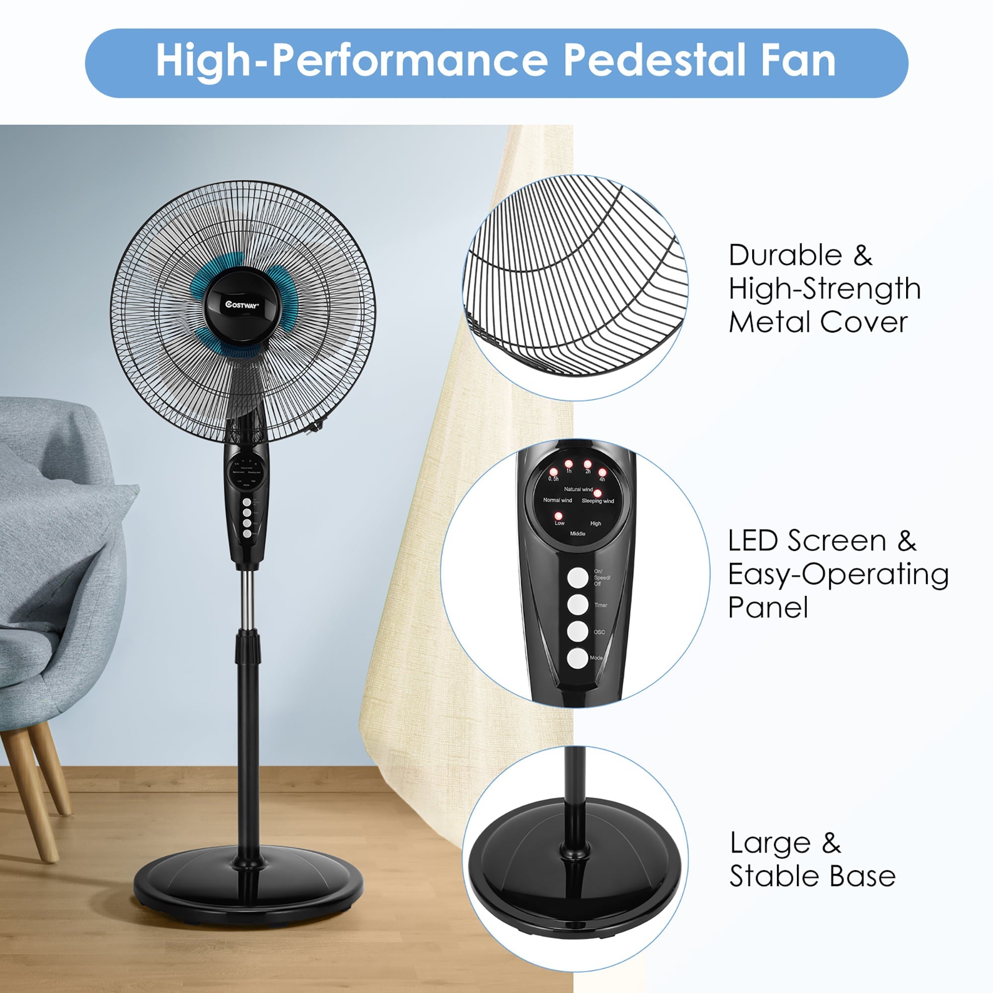 Costway 16'' Adjustable Oscillating Pedestal Fan Dual Blades w/Remote Control