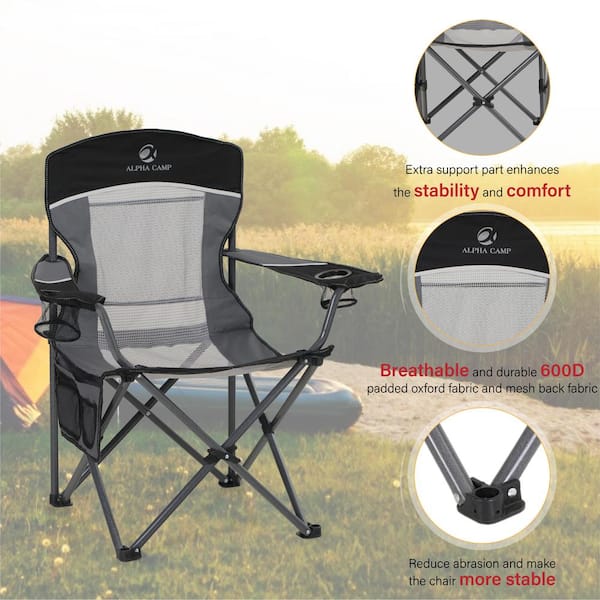 Mesh Back Folding Camping Chair Black Heavy-Duty Steel Frame