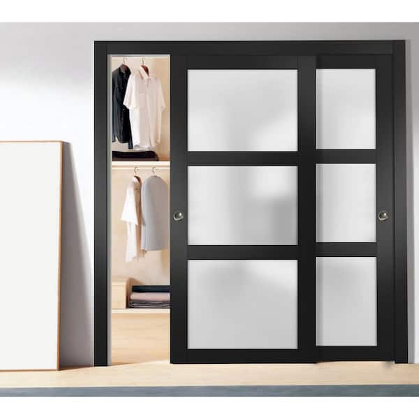 2552 60 in. x 80 in. 3 Panel Black Finished Pine Wood Sliding Door with Closet Bypass Hardware