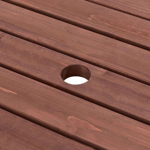 6-Person Patio Wood Picnic Table Beer Bench Set with Umbrella Hole