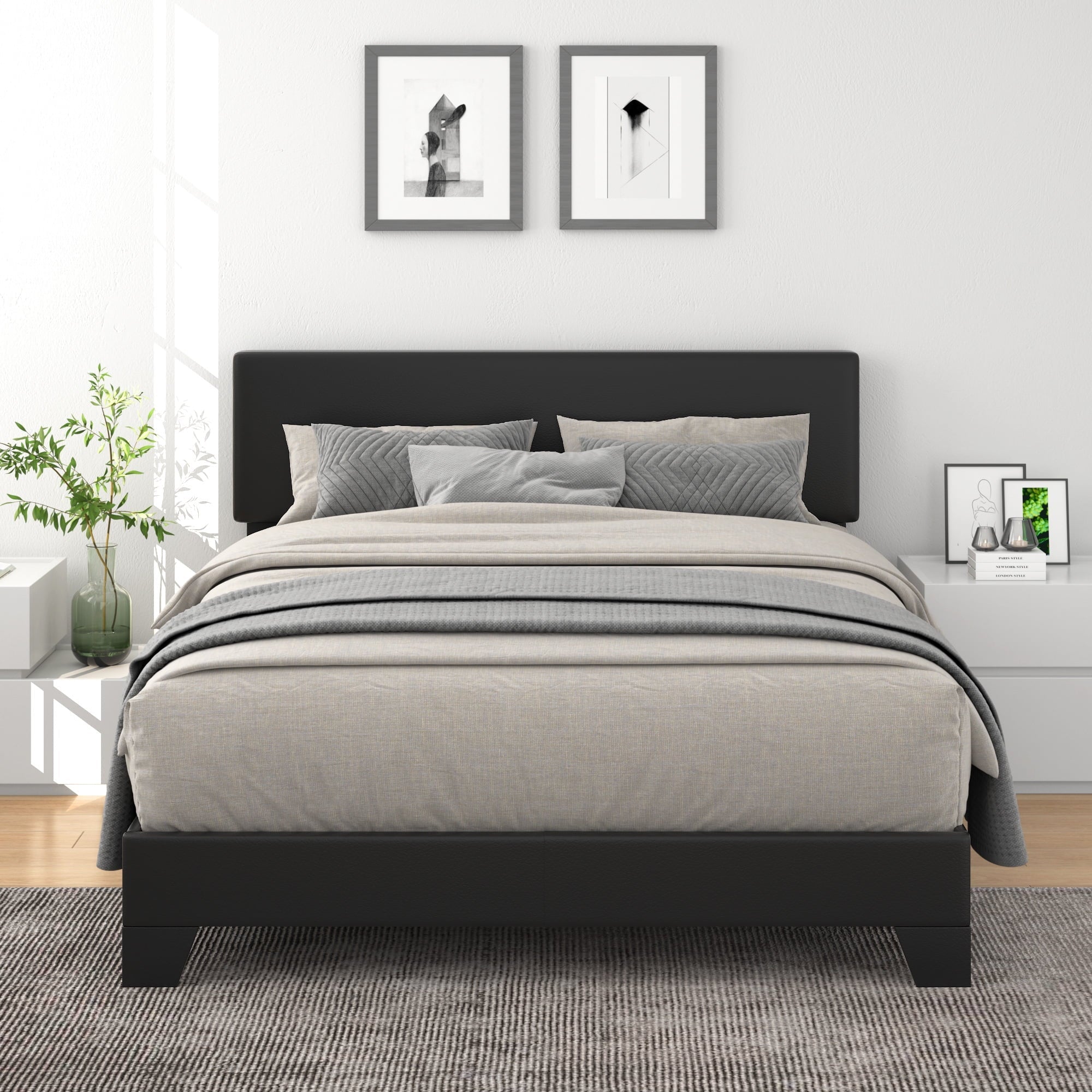 Allewie King Size Platform Bed Fame with Upholstered Adjustable Leather Headboard, Black