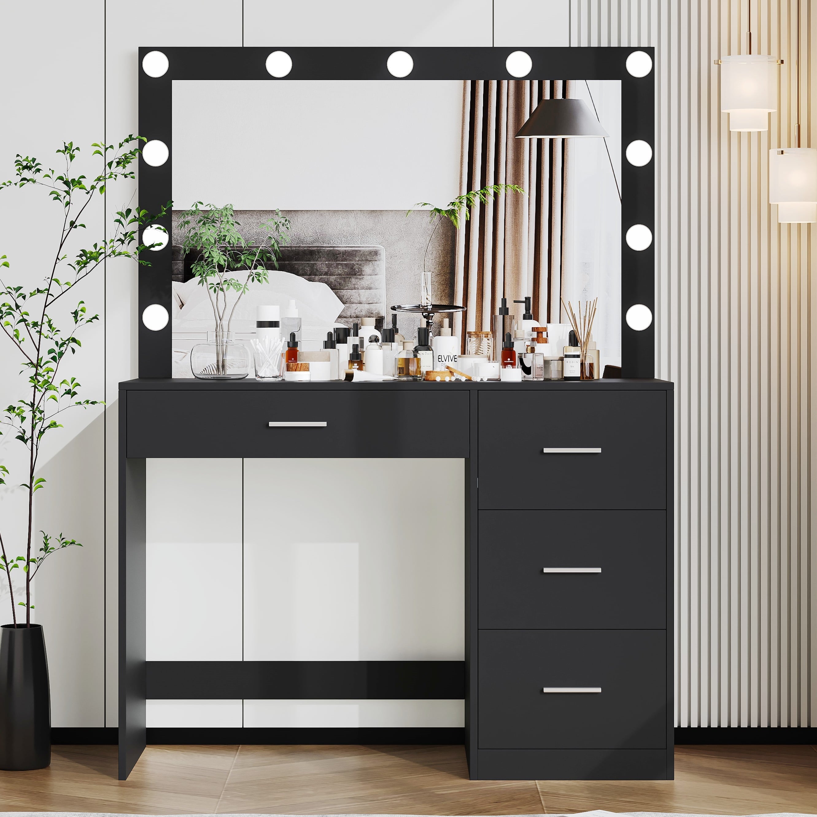 Modern Makeup Vanity Table with Lights, Vanity Desk with Mirror, 4 Drawers, Dressing Table, White