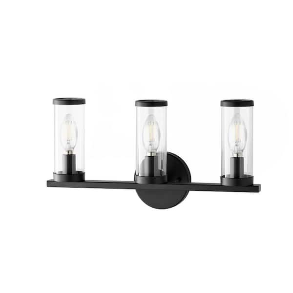 Loveland 16.625 in. 3-Light Black Bathroom Vanity Light Fixture with Clear Glass Shades
