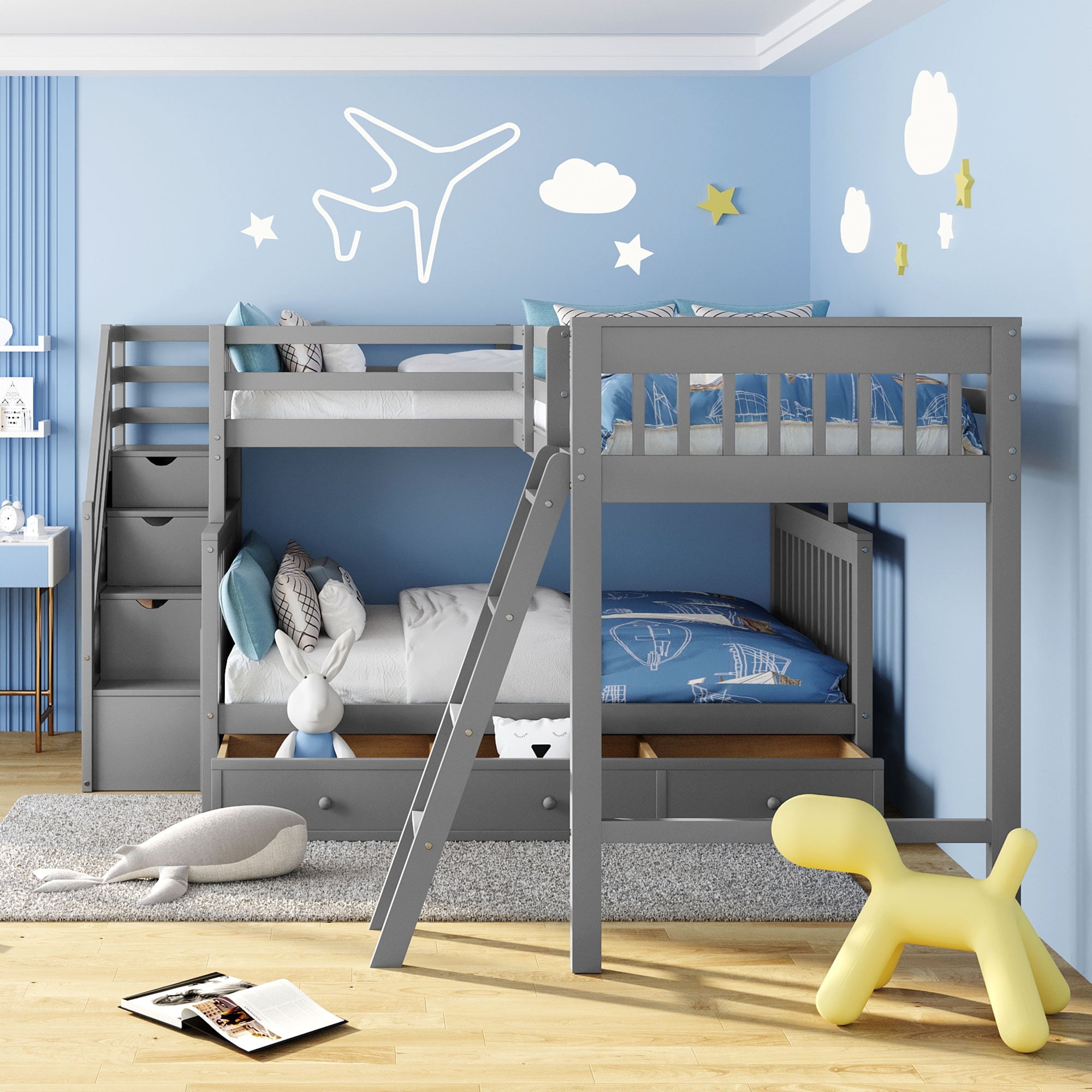 L-Shaped Triple Bunk Bed for 3, Twin Over Full Bunk Bed with 3 Drawers and Storage Staircase Solid Wood Bunk Bed Frame with Full-Length Guardrails and Ladder for Girls Boys No Box Spring Needed, Gray
