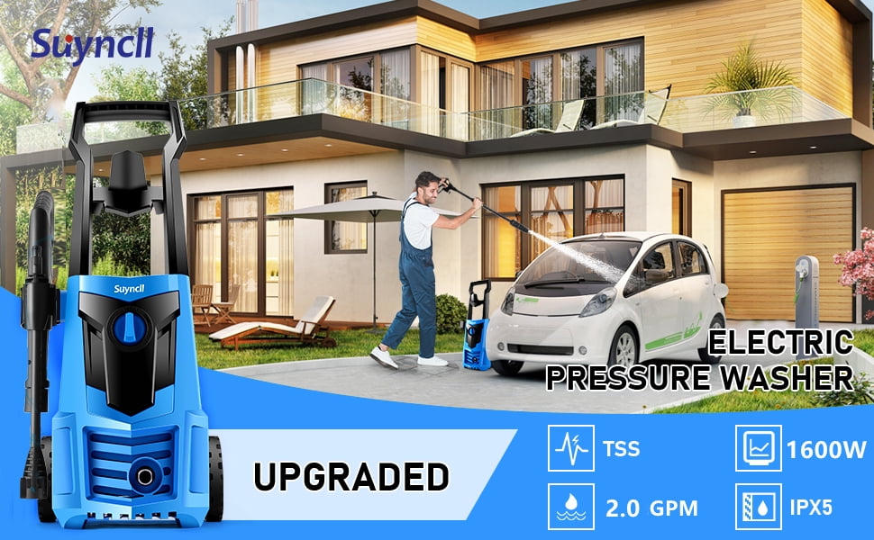 Electric Power Washer 1600W 2.0GPM, 20ft High Pressure Washer Hose + 35ft Power Cable, IPX5 Waterproof with 500ml Detergent Bottle, All-in-One Adjustable Nozzle, for Cars/Fences/Patios (Blue)