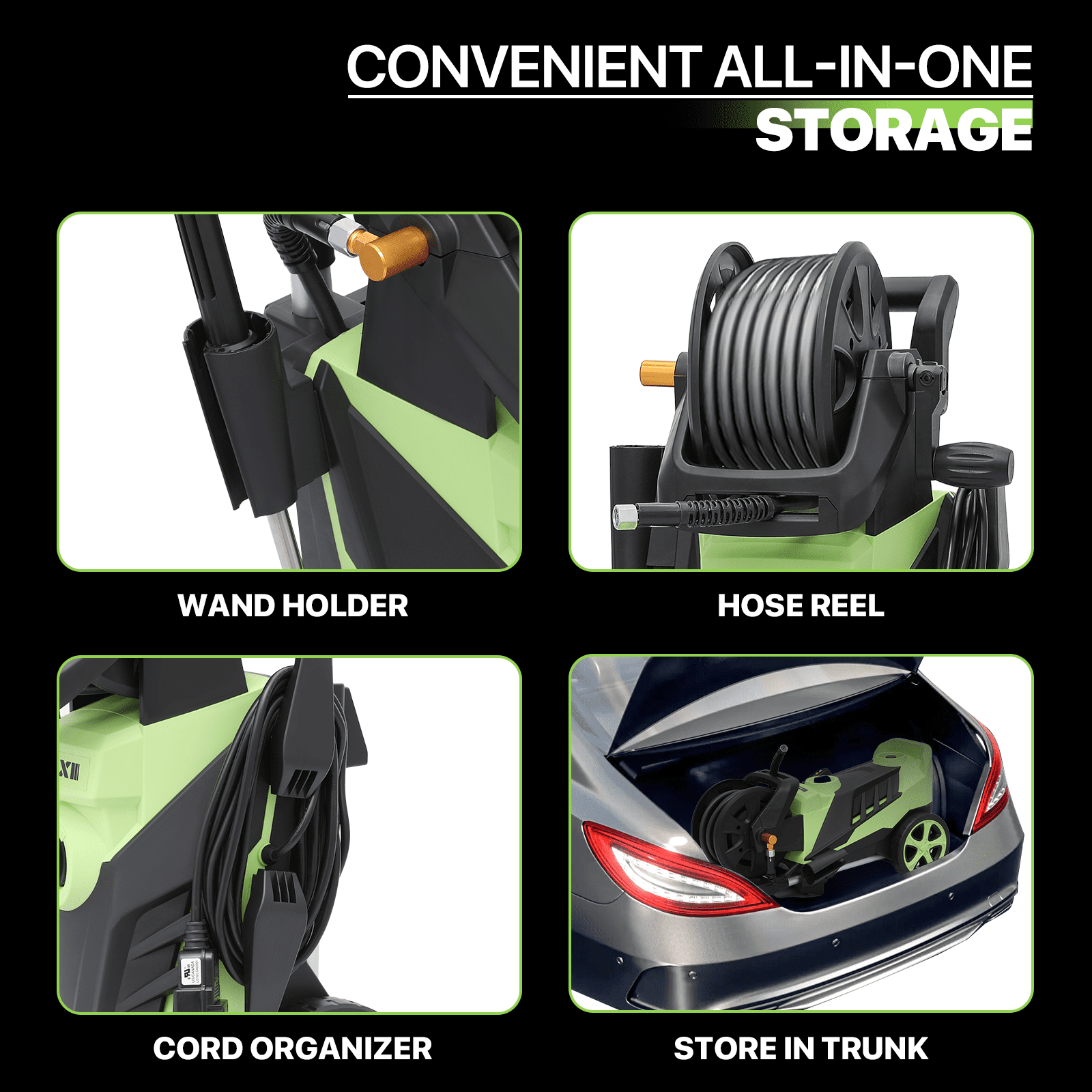 Magshion Electric Pressure Washer, 2180 PSI, Max. 1.5 GPM Power Washer with 19.5 ft Hose, 4 Nozzles, Foam Cannon and Hose Reel, for Patios Cars Fences Driveways, Green