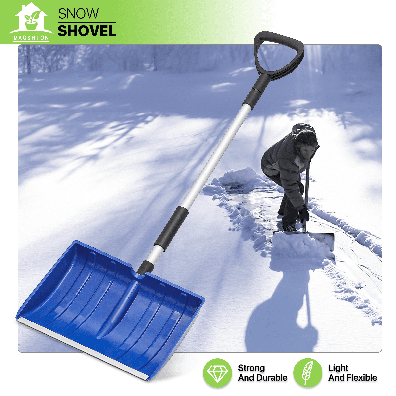 Magshion Snow Shovel, Portable Wide Snow Pusher with D-Grip Handle, 16 inch Aluminium Snow Removal Tool for Car Outdoor Camping Garden, Blue