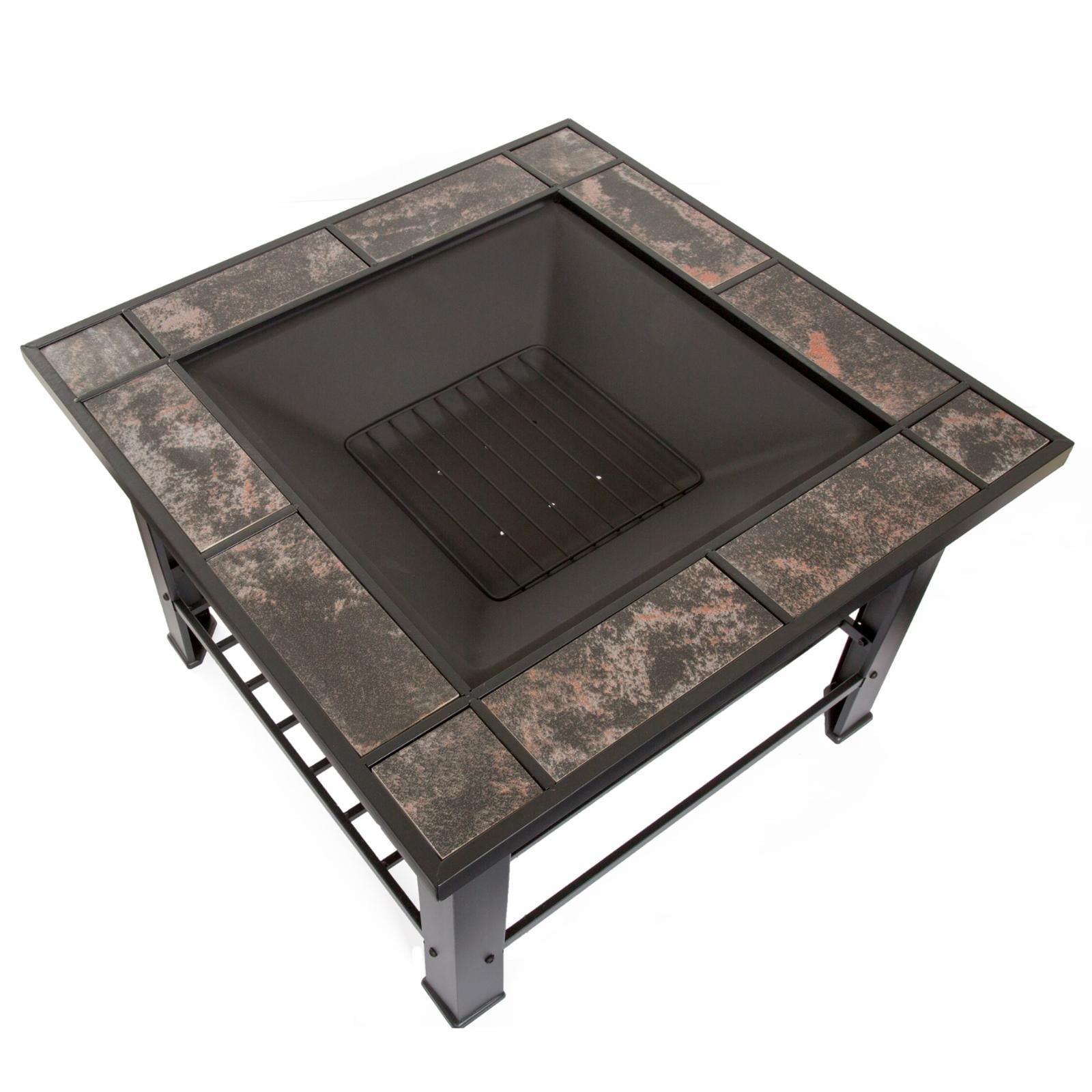 Fire Pit Table – 30-Inch Square Wood Burning Bonfire Pit with Marble Tile Edge, Spark Screen, Tile Fire Bowl Cover, Log Poker by Pure Garden (Black)