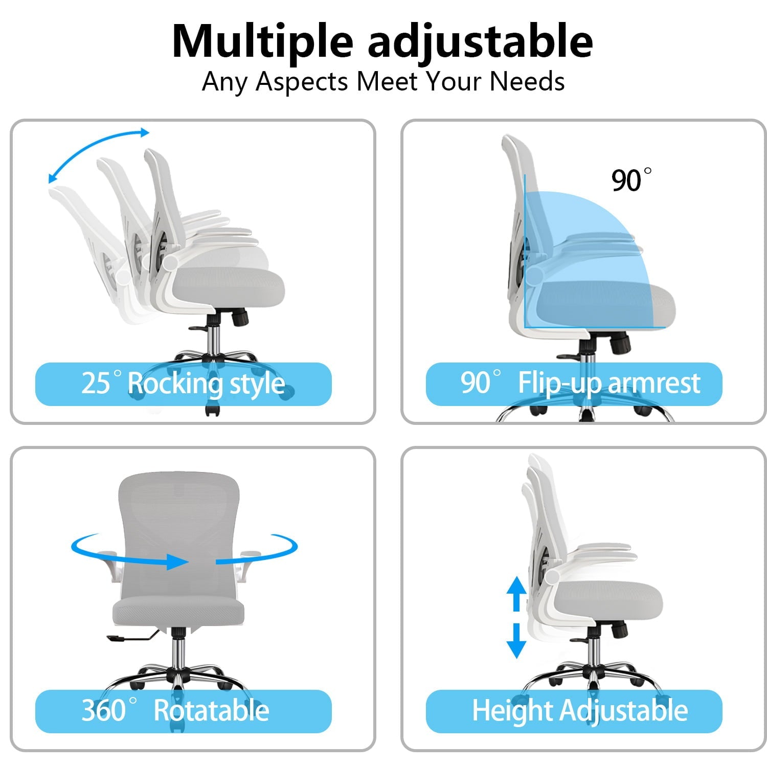 Happylost Office Chair, Computer Mesh Swivel Desk Chair with Adjustable Armrests (White）