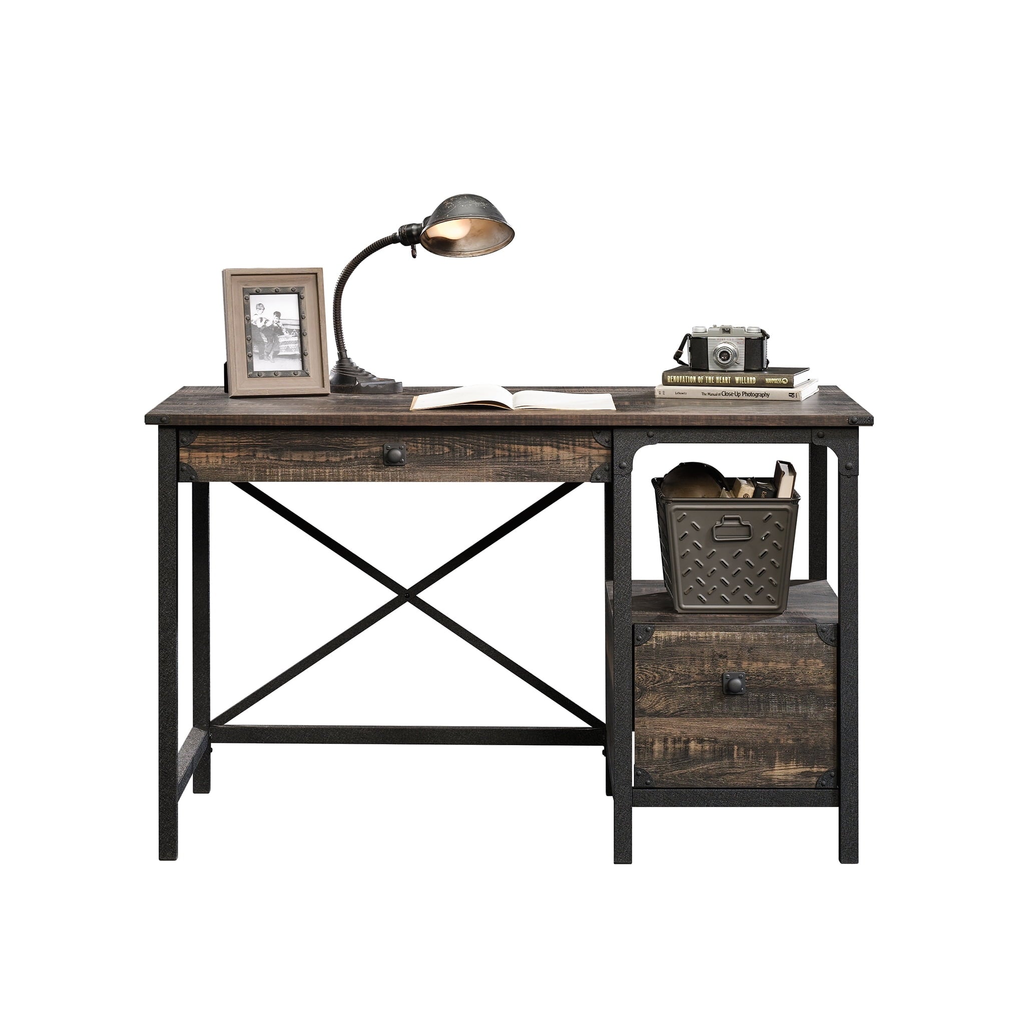 Sauder Steel River Desk, Carbon Oak Finish