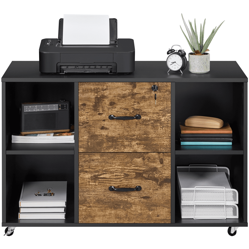 SmileMart Rolling File Cabinet with 2 Drawers, Black/Rustic Brown