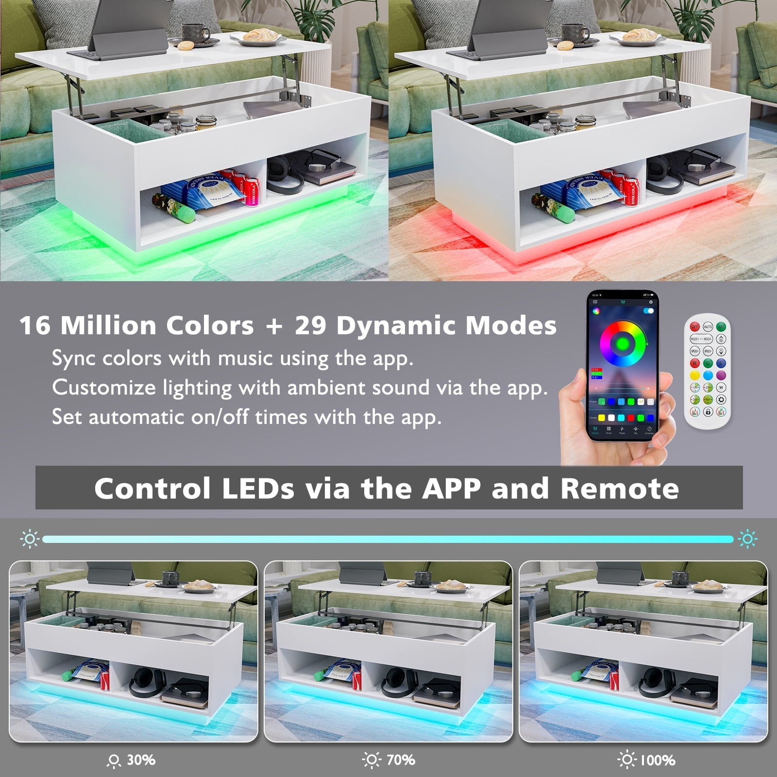 Hommpa Lift Top Coffee Table with Hidden Compartment High Gloss LED Coffee Tables Center Rising Cocktail Table for Living Room Accent Furniture White Finish