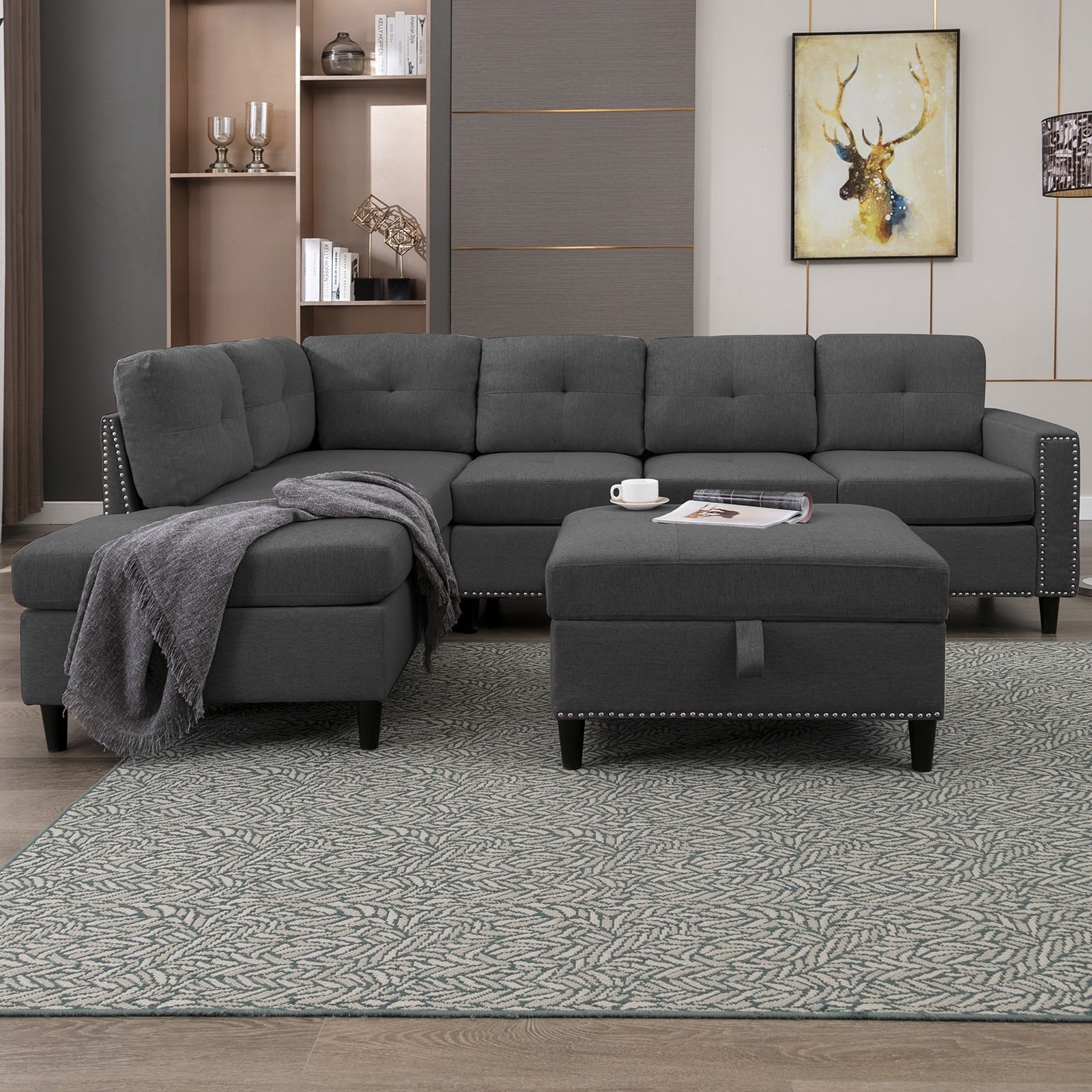 Mjkone L Shaped Sectional Sofa with Left Hand Facing Chaise,Free Combination Ottoman, Modular Sectional Sofa with Rivet Trim,Upholstered Sofa Couches for Living Room,Dark Grey