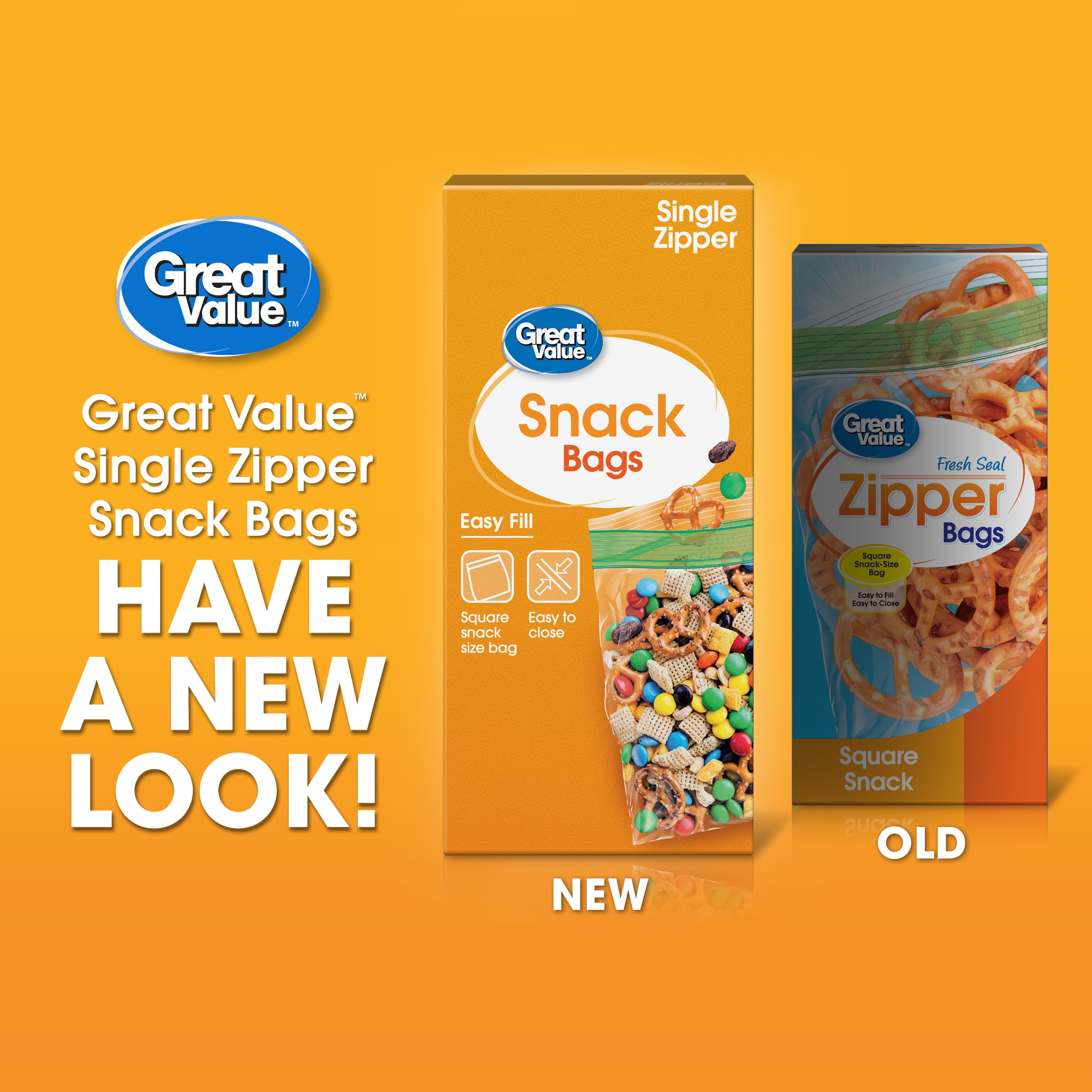 Great Value Fresh Seal Zipper Square Snack Bags, 200 Count