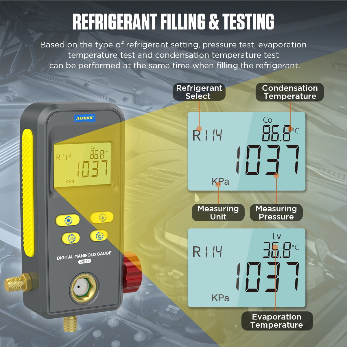 AUTOOL Refrigeration Digital HVAC Vacuum Pressure Manifold Tester, Pressure Gauge, Air-Conditioning HVAC Tools, r134a Refrigerant Recharge Kit, LM110