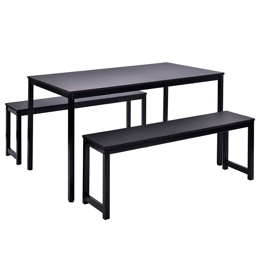 uhomepro Dining Room Table Set, 3-Piece Breakfast Nook Dining Table Set with Two Benches, Dining Room Table Set Kitchen Table Set with Metal Frame, Modern Furniture for Home Cafeteria, Black