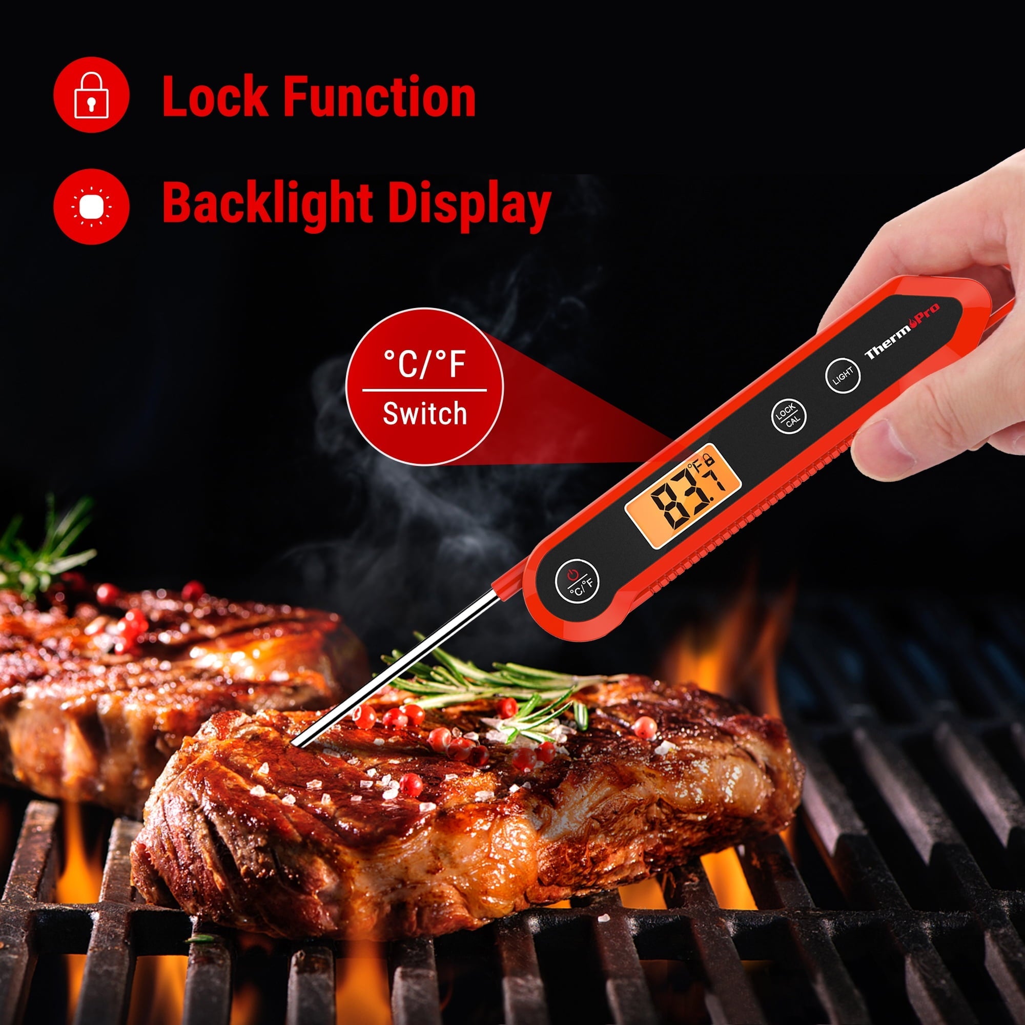 ThermoPro TP03HW Digital Meat Thermometer Waterproof Kitchen Food Thermometer with Calibration & Backlight for Grilling Smoker Oil Fry Candy Thermometer
