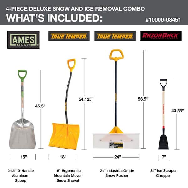4-Piece Deluxe Snow and Ice Removal Combo with Shovel, Pusher, Scraper, and Scoop Garden Tool Set