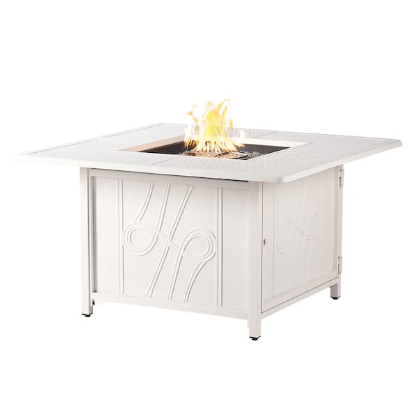 42 in. x 42 in. White Square Aluminum Propane Fire Pit Table with Glass Beads, 2 Covers, Lid, 55,000 BTUs