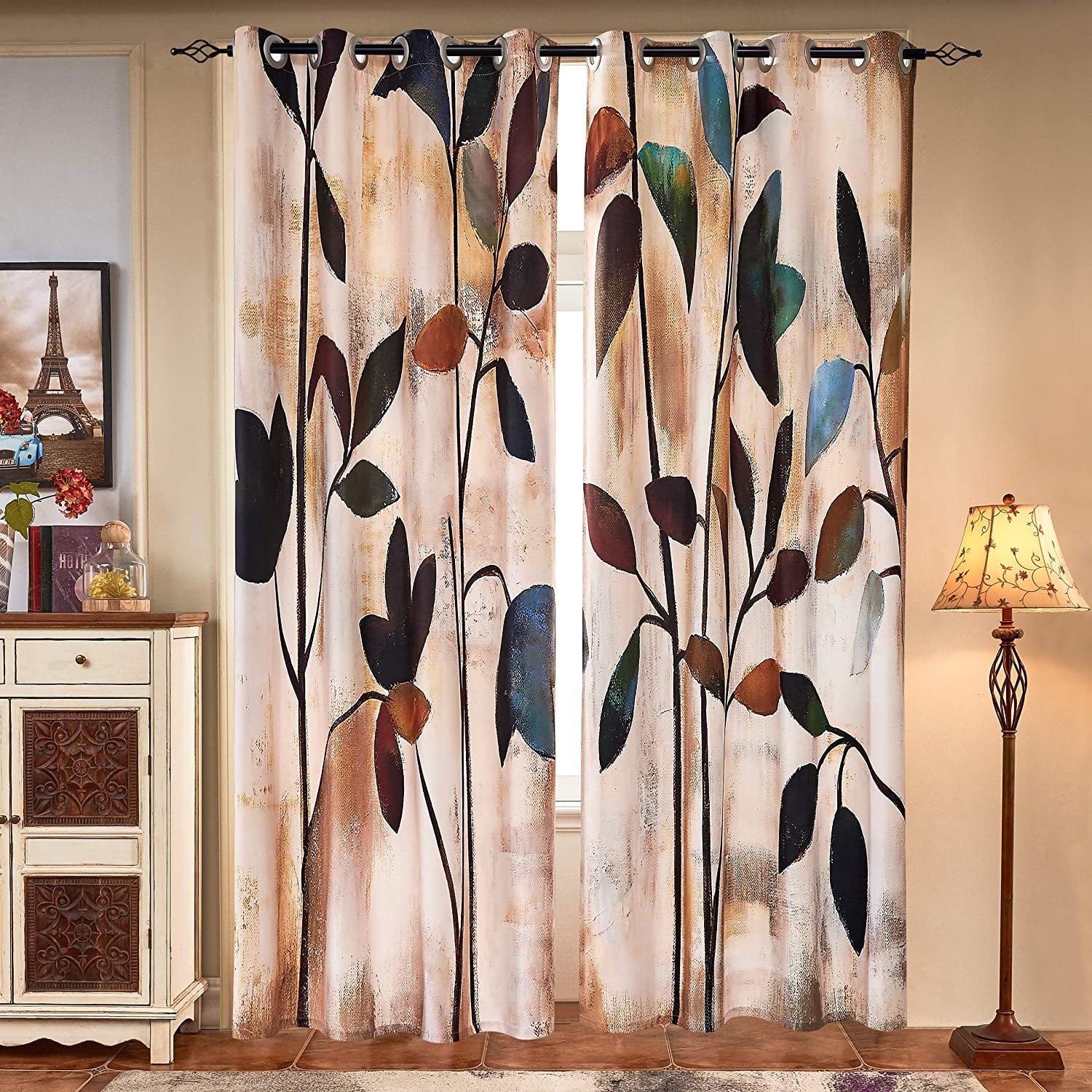 Subrtex Printed Colorful Curtains Blackout Thermal Insulated Valance Grommet Top Window Drapes 2 Panel Set(Brown, 52