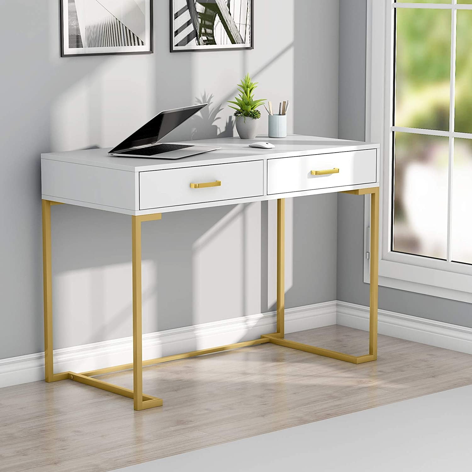 Computer Desk with Drawers, White and Gold Writing Desk with 2 Drawers, Simple and Modern (White, Gold)