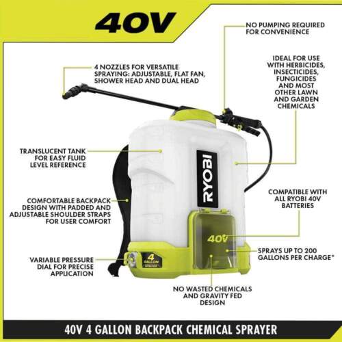 RYOBI Backpack Chemical Sprayer 4 Gal. 40V Cordless Adjustable Tip (Tool Only)