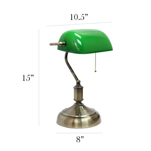 14.75 in. Executive Banker's Green Glass Shade Desk Lamp with Antique Nickel Base