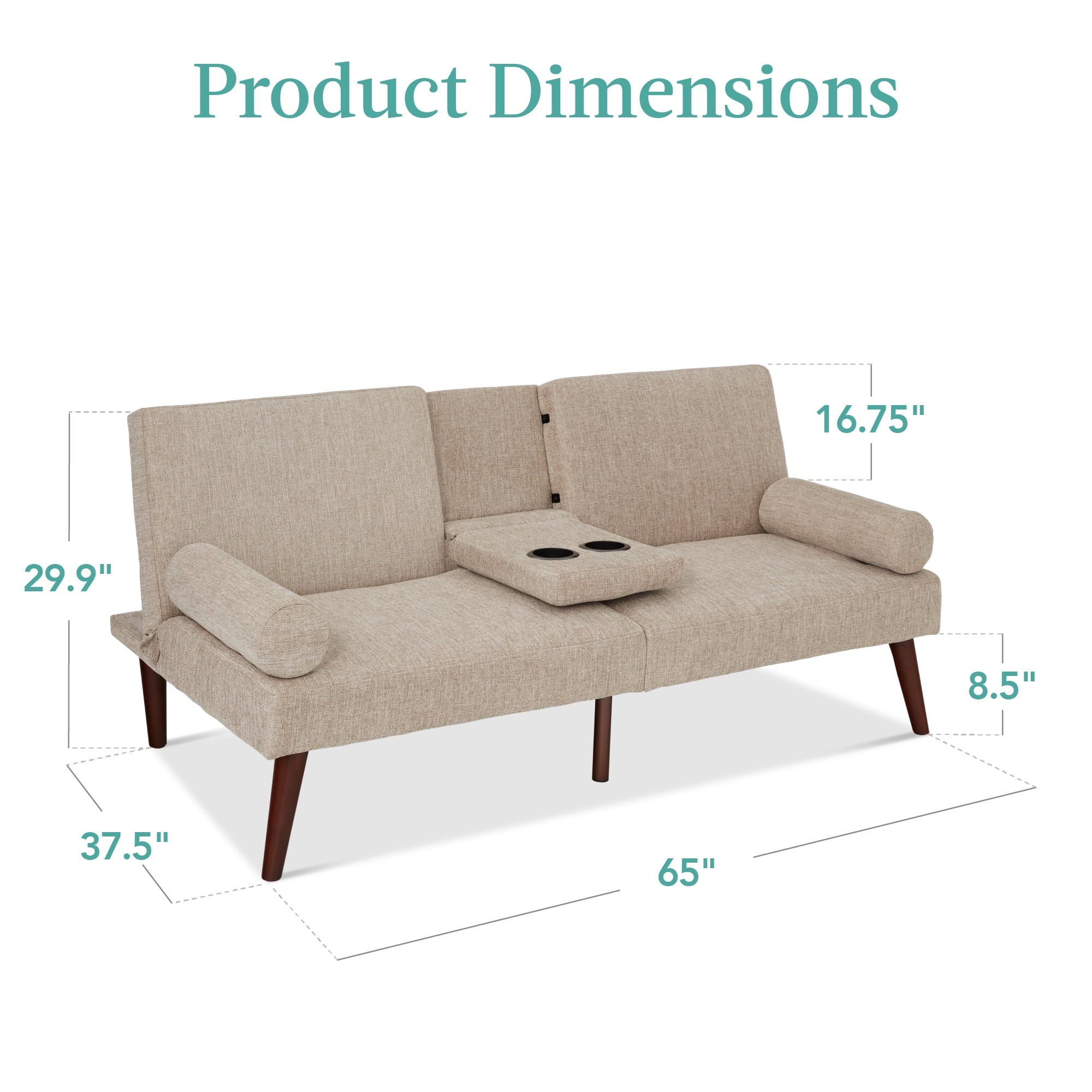 Best Choice Products Fabric Upholstered Convertible Futon w/ Rounded Armrests, Wooden Legs, 2 Cupholders - Sand