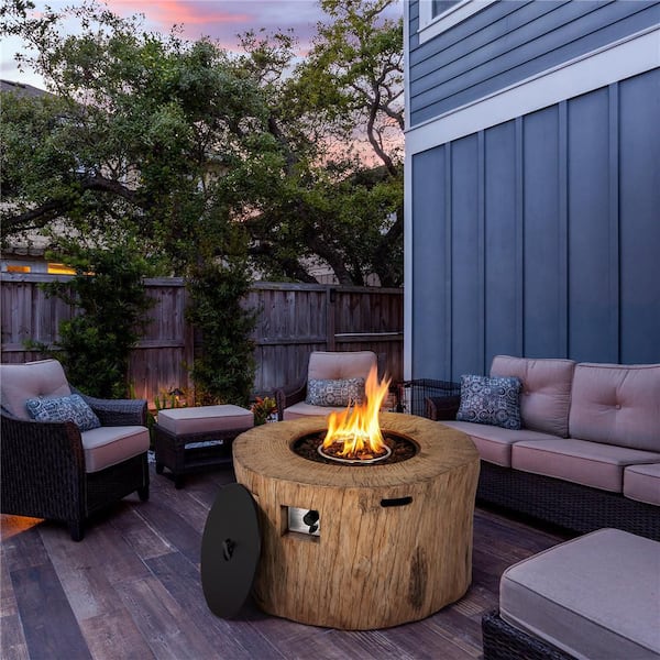 40 in. Stone Metal Round Propane Gas Fire Pit Table Wood-Like Surface with Laval Rock PVC Cover