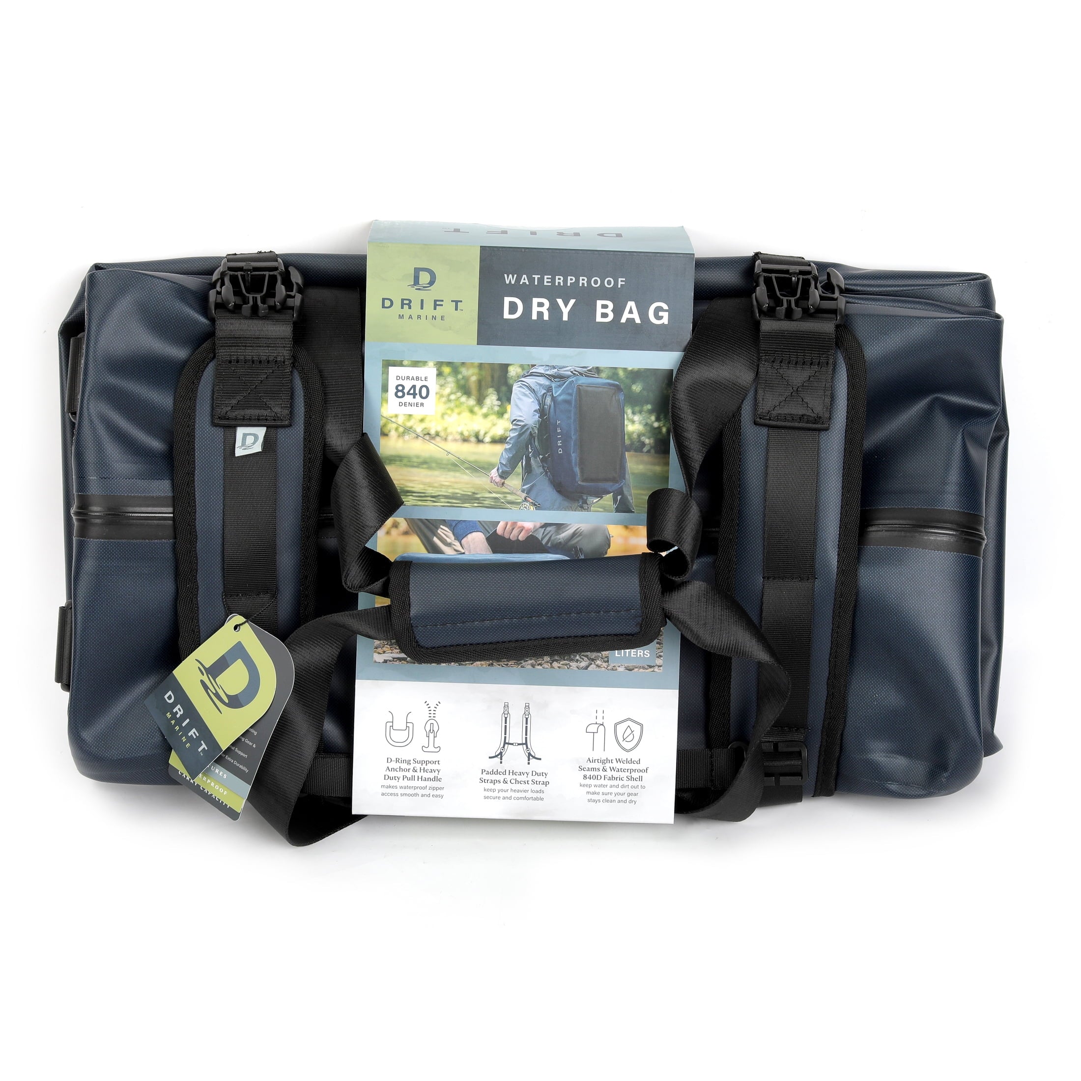 DRIFT Waterproof Boat Bag with Backpack Straps, TPU Coating, 840 Denier, 33L, Navy Blue