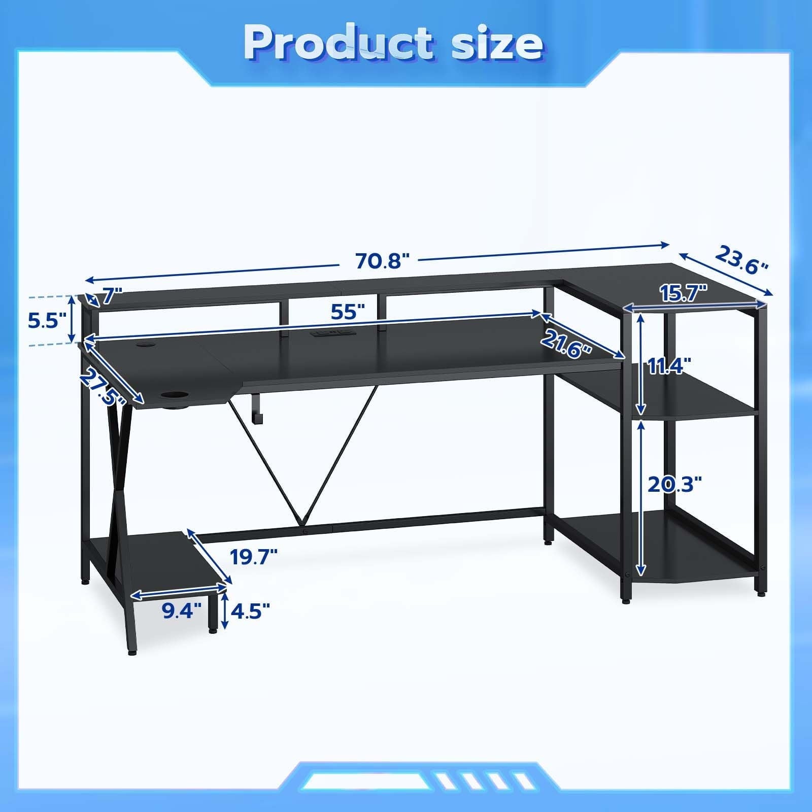 SEDETA Gaming Desk 70.8'' with LED Lights and Storage Shelves, Computer Desk with Monitor Stand, Power Outlets and Cup Holder, Large PC Gamer Desk, Gaming Table for Bedroom, Living Room, Black