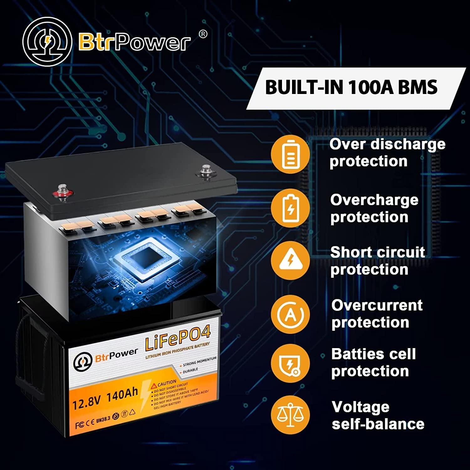 Btrpower 12V 140AH LiFePO4 Battery Deep Cell for Home Storage Trolling RV System Solar Marine