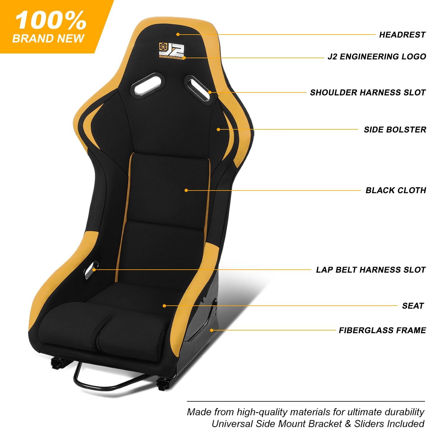 J2 Engineering Pair Universal Bucket Racing Seats Black Yellow Fiberglass Ergonomic Design with Side Mount Brackets