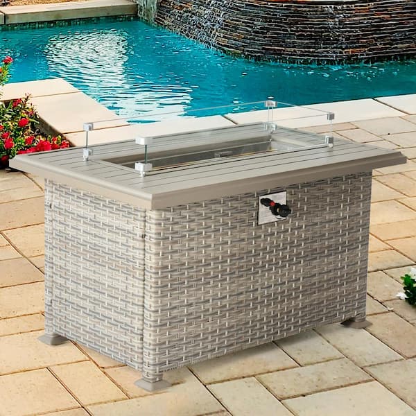 43.3 in. W Beige Brown Wicker Gas Fire Table Patio Propane Aluminium Rectangle Gas Fire Pit with Glass Wind Guard