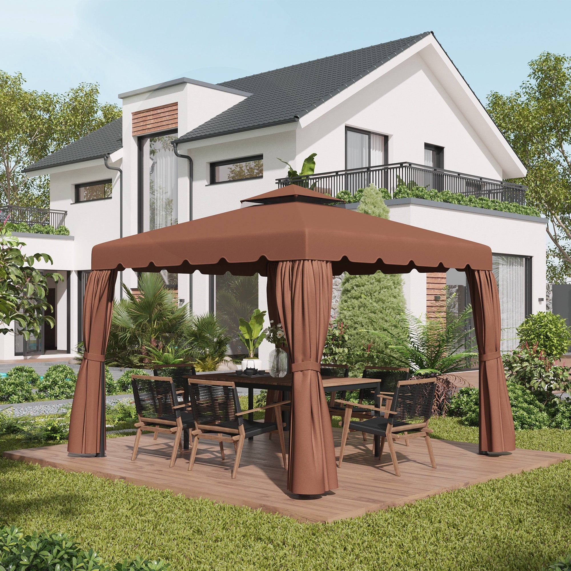 Outsunny 9.8'x9.8' Double Roof Gazebo Replacement Canopy Top Cover, Coffee