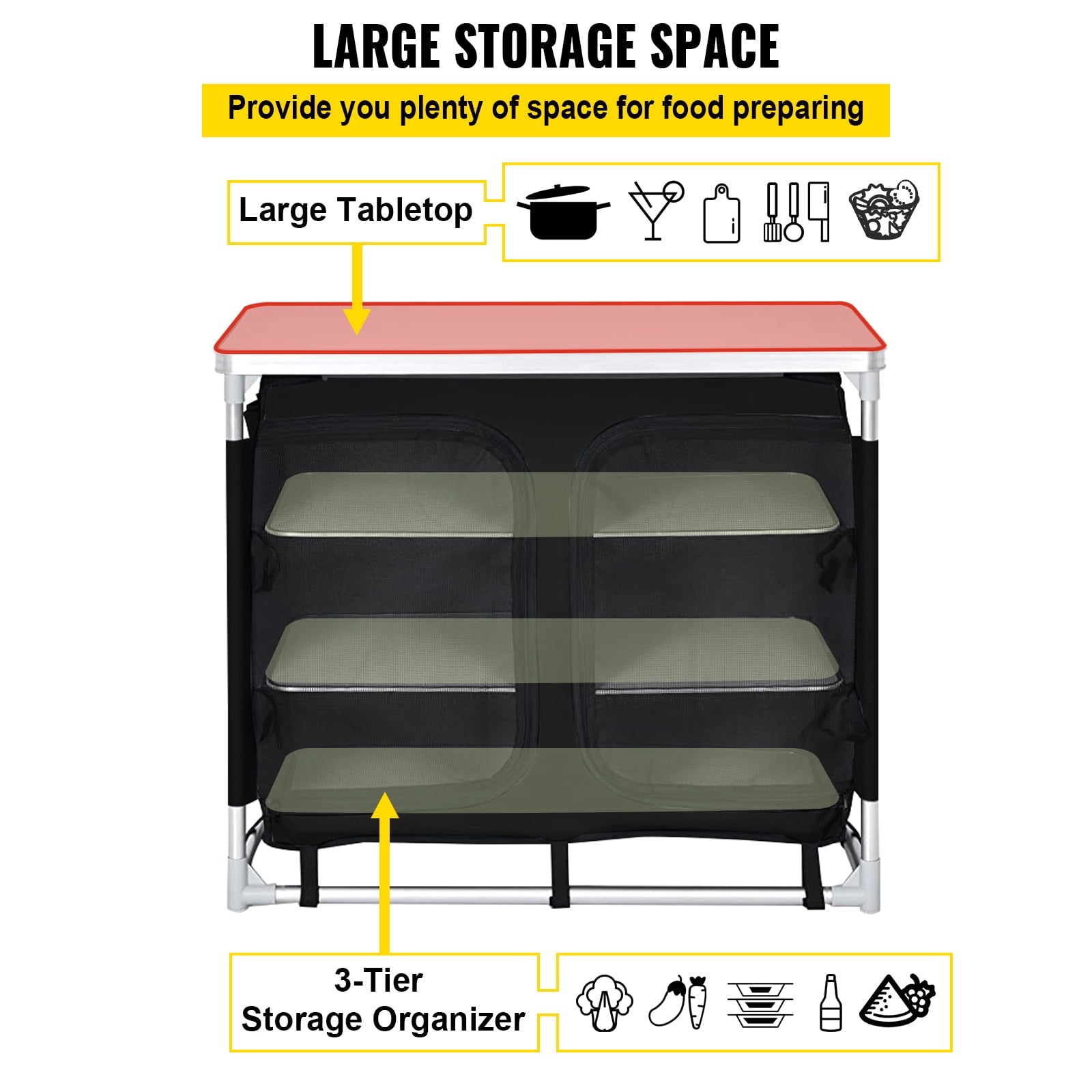 Camping Kitchen Station, Aluminum Portable Folding Cook Table with Storage Organizer and Carrying Bag, Quick Installation for Outdoor BBQ Party Backyards and Tailgating, Black