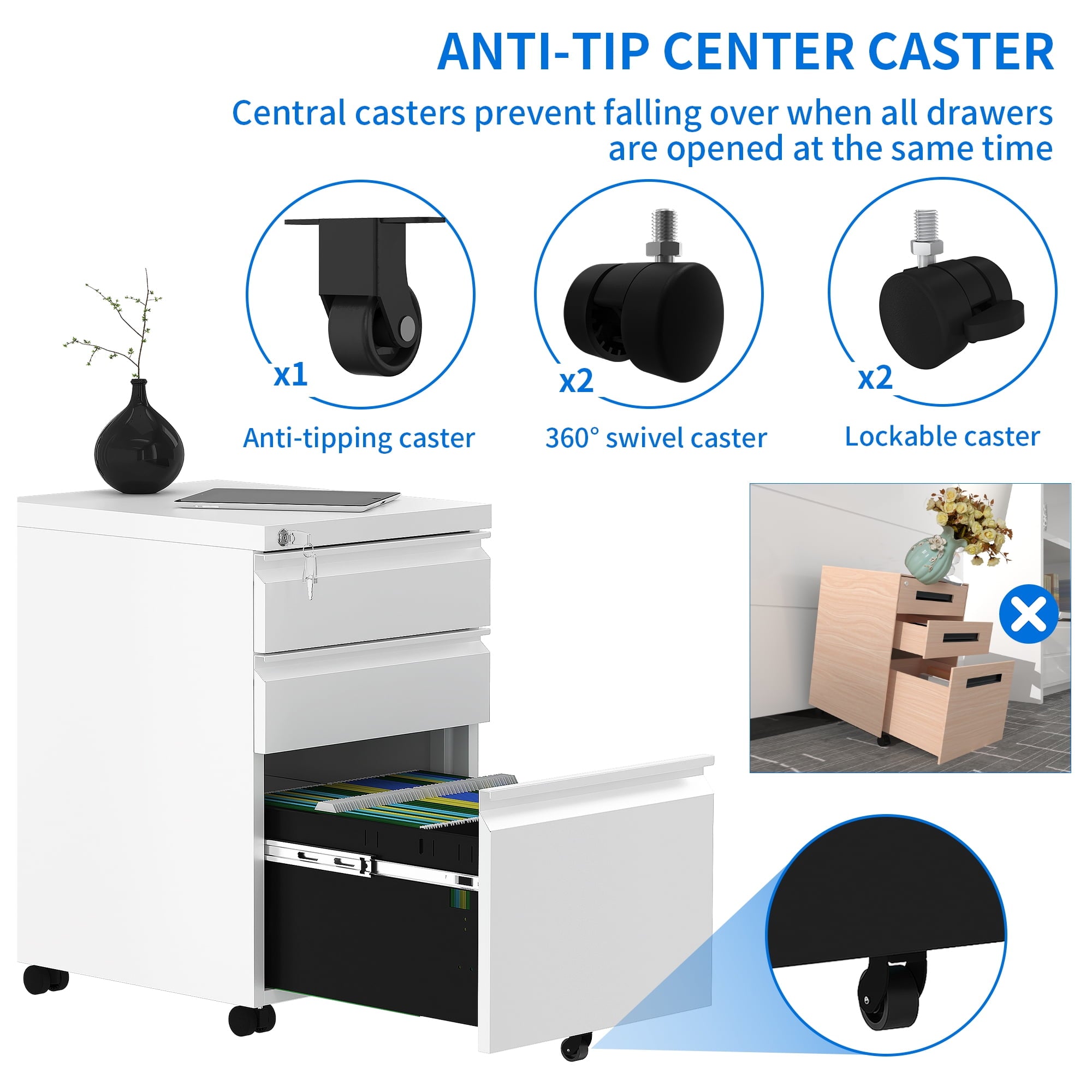 Dextrus 3-Drawer Mobile File Cabinet with Lock, Office Storage Filing Cabinet for Legal/Letter Size, White