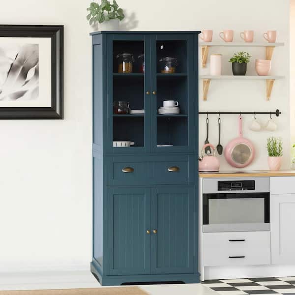Teal Blue Wood 30 in. W Kitchen Pantry Cabinet Storage with Adjustable Shelves and Glass Doors