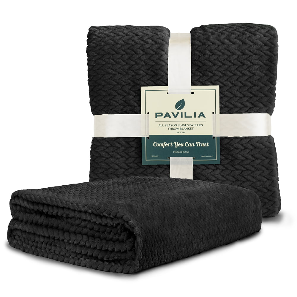 PAVILIA Soft Fleece Solid Black Throw Blanket for Couch, Lightweight Plush Warm Blankets for Bed, Fuzzy Cozy Flannel Blanket Throw for Sofa, Travel, Jacquard Pattern, Black, 50x60 inch
