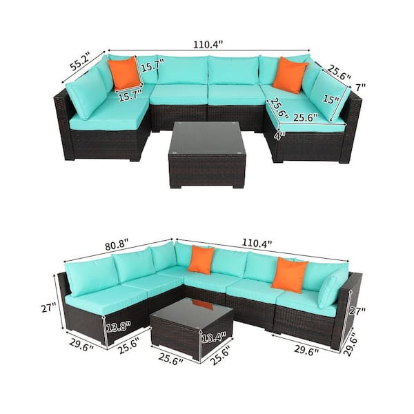 Brown 7-Piece Wicker Sectional Set with Lake Blue Cushions