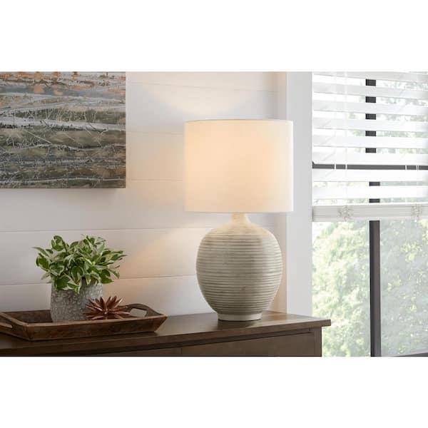 Finch 22 in. Distressed White Ribbed Table Lamp with White Linen Shade