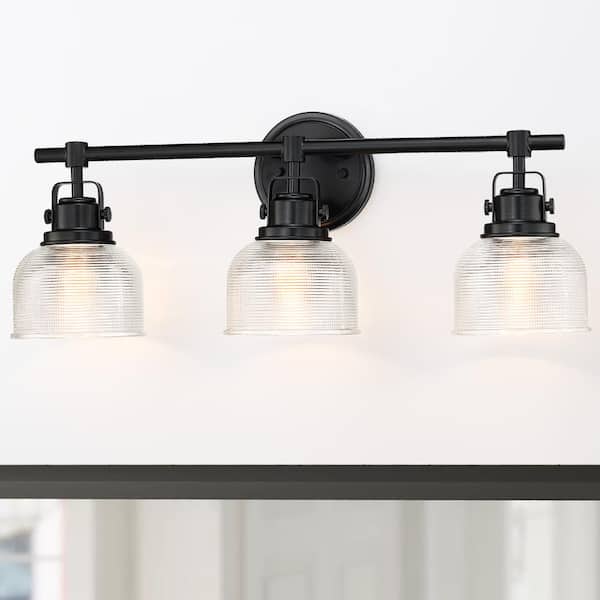 24 in. 3-Light Black Bathroom Vanity Light with Clear Prismatic Glass Shade
