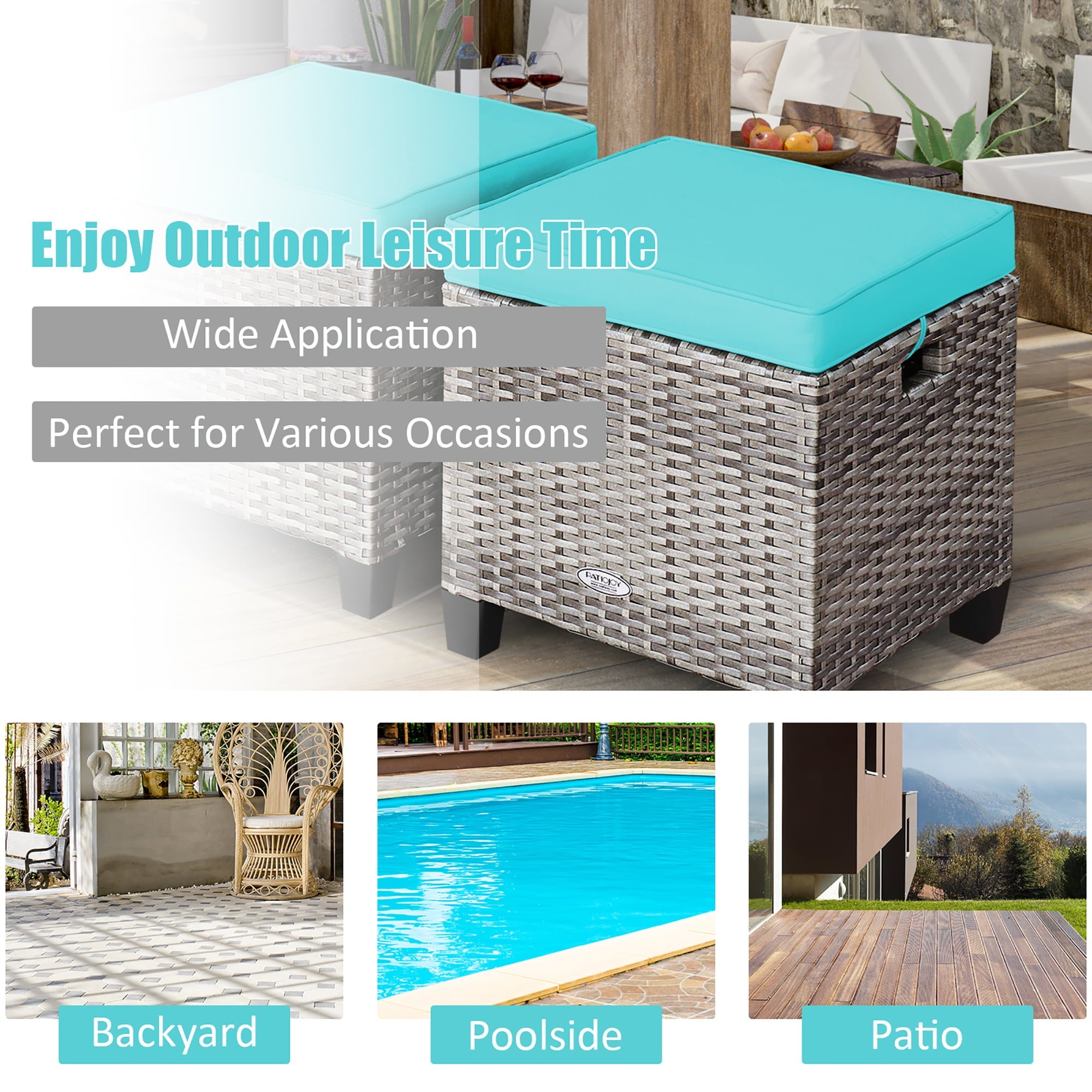 Costway 2PCS Patio Rattan Cushioned Ottoman Seat  Foot Rest TableTurquoise