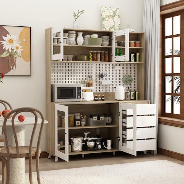 White Wood 63 in. W Buffet Kitchen Cabinet With Hutch Pantry Cabinet with Plug Board, Wine Rack, Drawers, Hooks